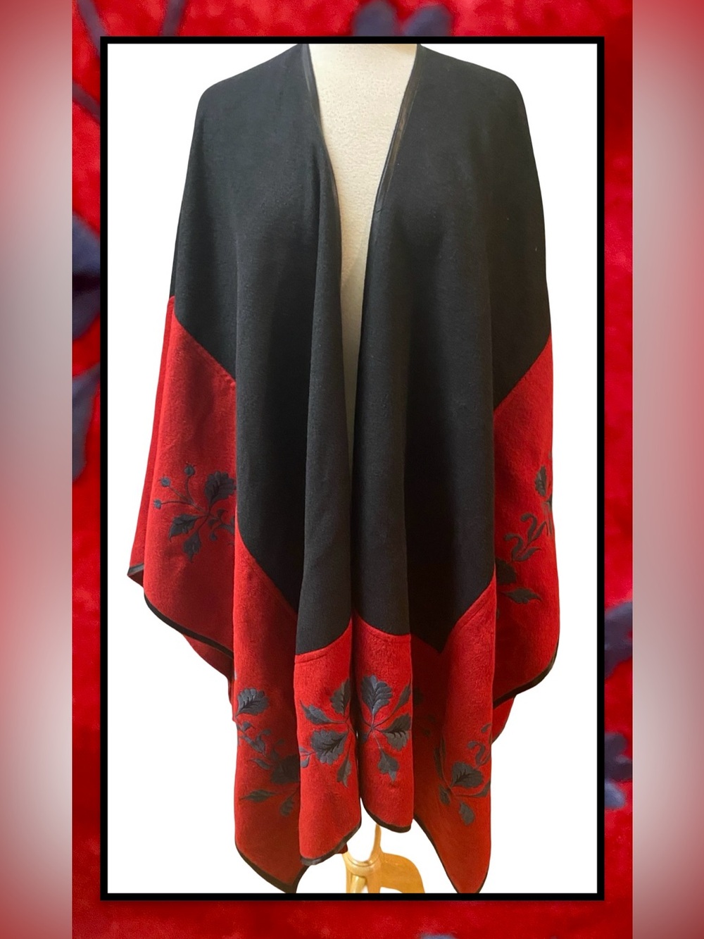 ALPACA & WOOL Red Black Floral Embroidery Cape crafted by Bolivian Artesanias